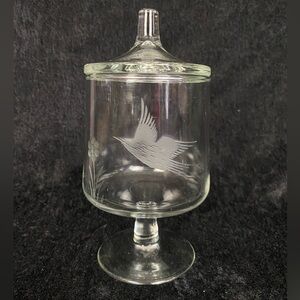 Lidded Glass Apothecary Jar 7 1/2 inch tall Etched Bird In Flight & Flower